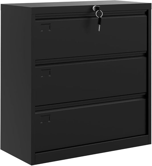GarveeHome 3-Drawer Lateral File Cabinet with Lock,Heavy Duty Steel Office Storage for Letter/Legal/A4 Documents, Easy Assembly Space-Saving Design - Black