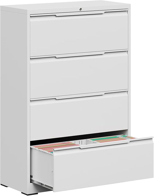 Coolsun Metal Lateral File Cabinet, 4 Drawer File Cabinet with Lock, Wide Filing Cabinet for Home Office, Locking Storage Cabinet for Hanging A4/F4/Letter/Legal, Assembly Required (White, 4 Drawer)