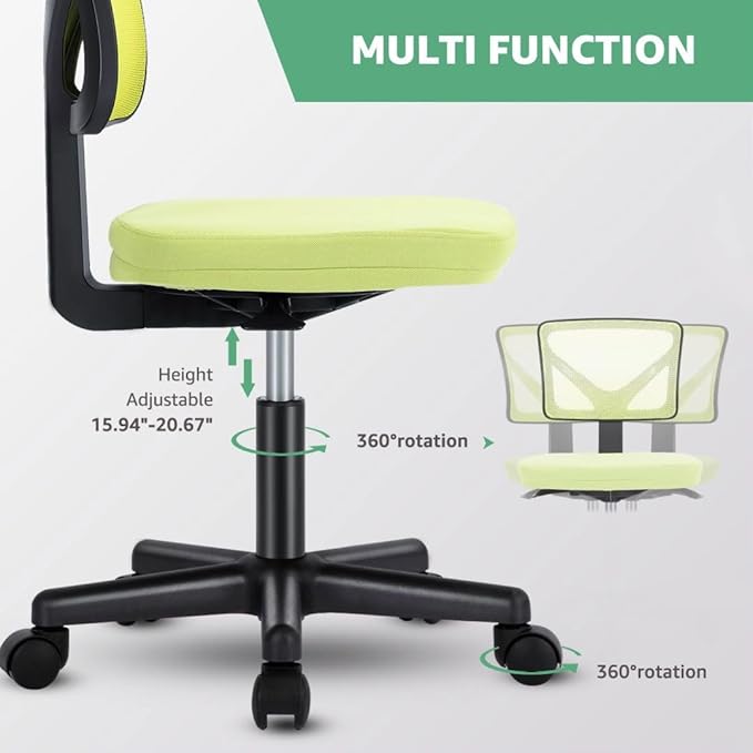 Armless Mesh Office Chair, Ergonomic Low Back Deskchair, Adjustable Rolling Task Computer Swivelchairs for Small Spaces Home Bedroom Study, Yellow