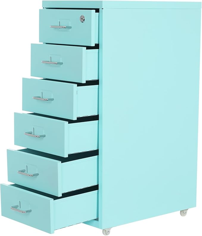 DYRABREST 6 Drawers Rolling File Cabinet, Metal Filing Cabinets with Lock, 27 inch H Vertical Filing Cabinet Under Desk for Home Office, Heavy Duty Metal Storage Cabinet for A4/Letter/Legal Size File
