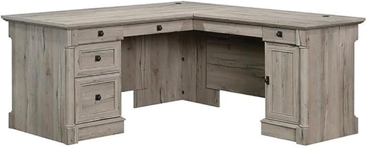 Pemberly Row 65" x 69" Contemporary Engineered Wood L-Shaped Desk with Storage, Drawers, Flip-Down Panel, Grommet Holes, for Home Office/Workspace, in Split Oak Finish