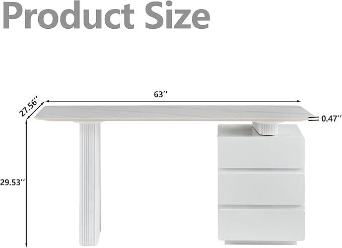 White Writing Desk with Drawers, 63 Inch Modern Computer Executive Office Desk with Sintered Stone Tabletop and Storage, Wood Home Office Desk for Bedroom, Living Room