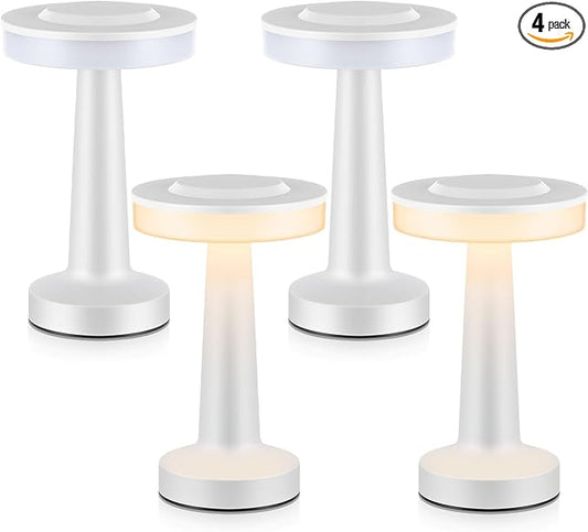 Riakrum Set of 2 LED Portable Cordless Table Lamp with Touch Sensor 3 Color Stepless Dimming Rechargeable Battery up to 15 Hours Cordless Table Light Wireless Lamp for Nursery(White,4 Pcs)