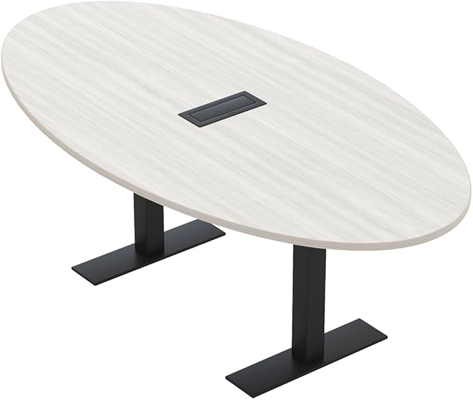 SKUTCHI DESIGNS INC. 6 Person Oval Conference Table with Data and Electric | Harmony Series | 4'X7' Table | White Cypress with Matte Black Base