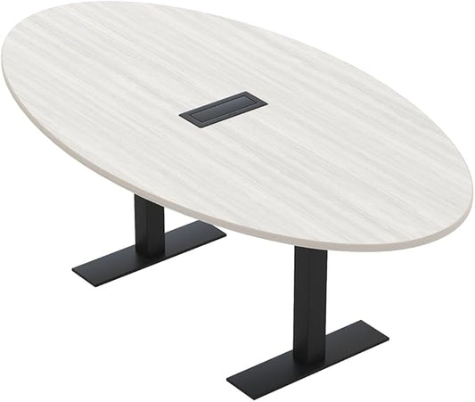 SKUTCHI DESIGNS INC. 6 Person Oval Conference Table with Data and Electric | Harmony Series | 4'X7' Table | White Cypress with Matte Black Base