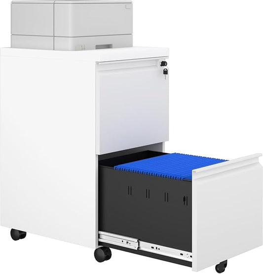 2 Drawer File Cabinet on Wheels,29" H White Filing Cabinet with Lock,Under Desk Metal File Cabinet for Home Office Organizer Letters/Legal/A4(Assembly Required)