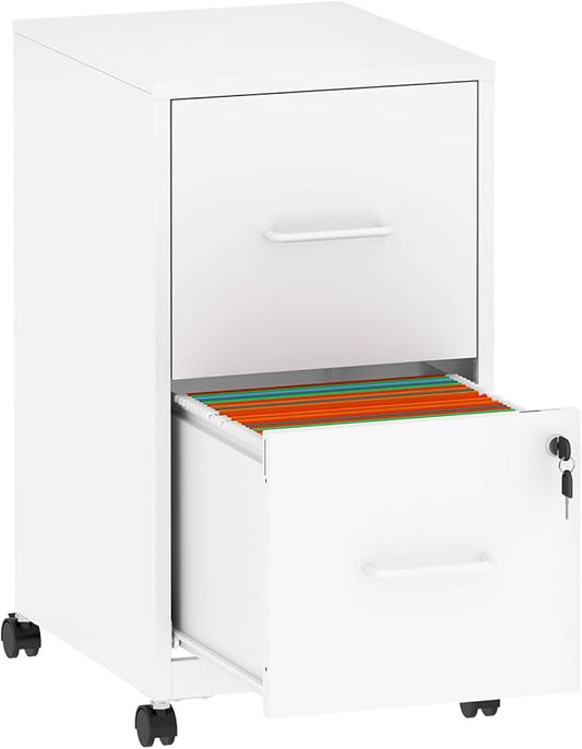 2 Drawer File Cabinet with Lock,Small Rolling Metal Office Storage Mobile Filing Cabinet Under Desk,Vertical Locking File Cabinets with Wheels for Home Office,Legal Required Assembly,White