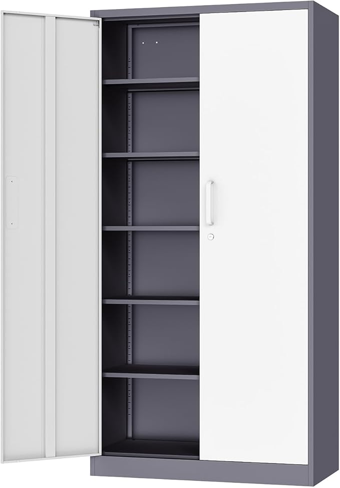 Metal 71' TallFile Cabinet with 5 Adjustable Shelves, Lockable Doors - Gray&White Steel Storage Cabinets for Home, School, Office, Garage