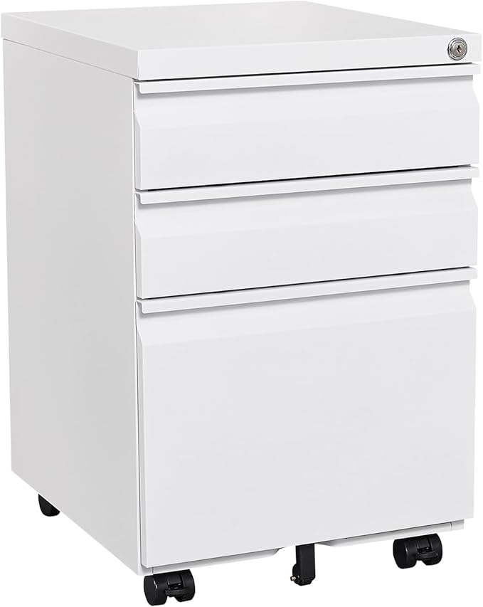 LUCYPAL 3 Drawer Mobile File Cabinet with Lock,Metal Filing Cabinet with Wheels for Legal/Letter Size,Small Filing Cabinets for Home Office Under Desk Storage,White