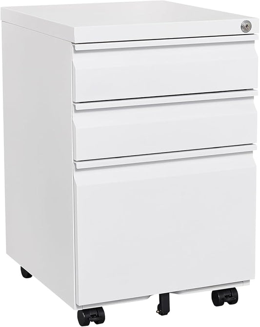 LUCYPAL 3 Drawer Mobile File Cabinet with Lock,Metal Filing Cabinet with Wheels for Legal/Letter Size,Small Filing Cabinets for Home Office Under Desk Storage,White