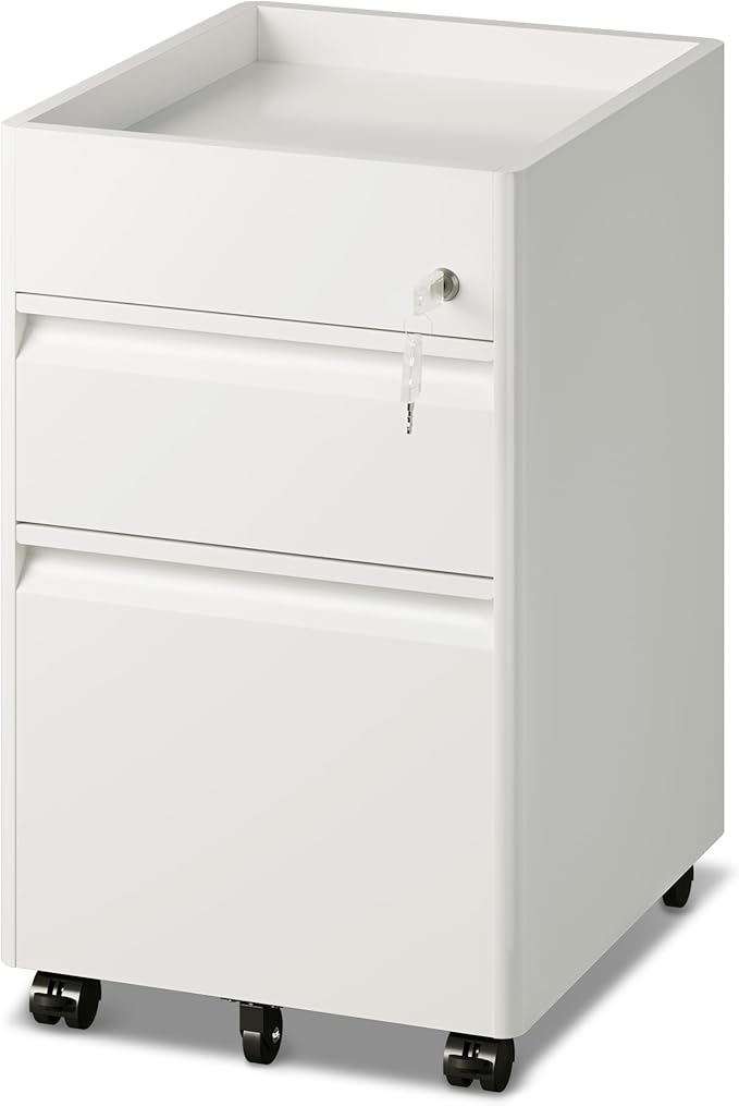 DEVAISE 2 Drawer Mobile File Cabinet, White Filing Cabinet with Lock, Under Desk Metal Filing Cabinets for Home Office, 17.7" D x 15.4" W x 25" H