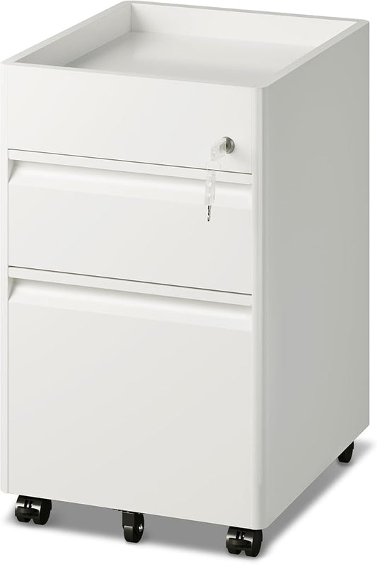 DEVAISE 2 Drawer Mobile File Cabinet, White Filing Cabinet with Lock, Under Desk Metal Filing Cabinets for Home Office, 17.7" D x 15.4" W x 25" H