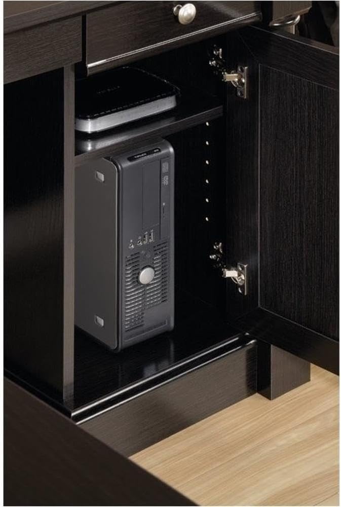 Pemberly Row Contemporary Engineered Wood L-Shaped Computer Desk with 3 Drawers, Flip-Down Panel, Grommet Holes, for Office Space, in Wind Oak Finish