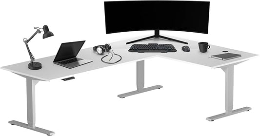 Progressive Desk Stand Up Height Adjustable Standing Desk - L Shaped 83" x 55" Corner Computer Rising Workstation Electric Table - Gray Frame, Warm White Top