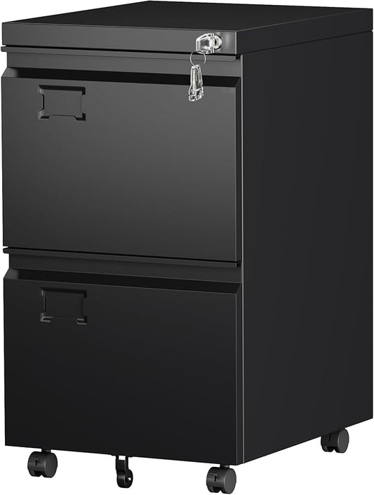 SUXXAN 2 Drawer File Cabinet with Wheels, Under Desk Drawer with Lock Name Card Holder for Home Office, Metal Filing Cabinet for Legal/Letter Size, Assembly Required