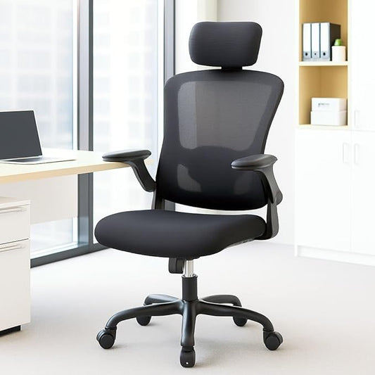 Office Chair – Ergonomic Desk Chair, Adjustable Lumbar Support and Headrest, Flip-Up Armrests, Mesh Computer Desk Chair, Swivel Rolling Executive Gaming Chair for Home & Office (Black)