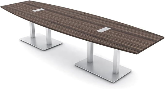 10-Person Boat Shaped Modular Conference Table With Power And Data | Harmony Series | 10' Meeting Room Table | Scratch-Resistant Laminate | Square Metal Bases & Natural Eucalyptus