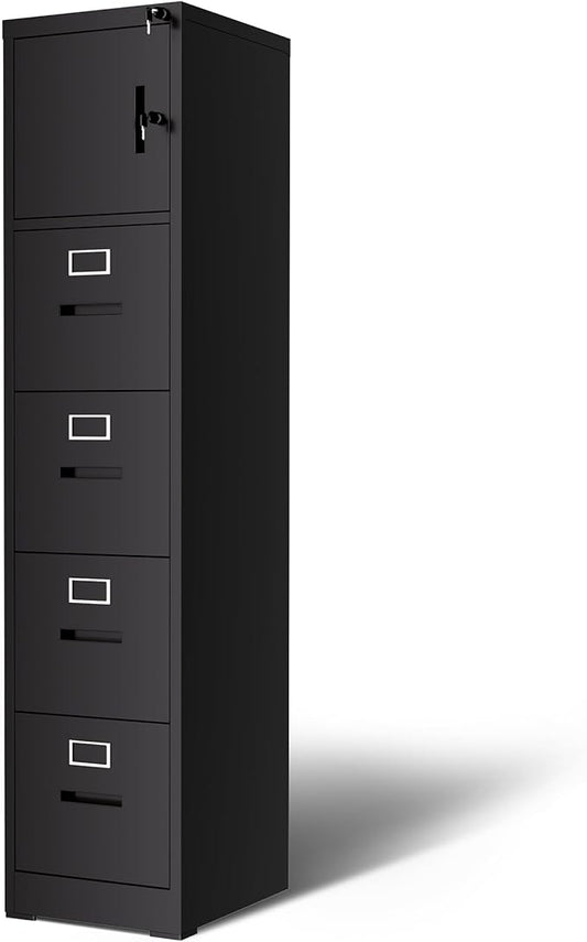 Vertical File Cabinet with 4 Drawers and 1 Door, Metal Filing Cabinet for Home Office, Lockable File Cabinets with Keys for Legal/Letter Size Hanging File Folders, Assembly Required, Black