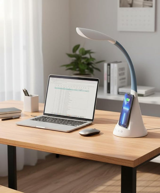 LED Desk Lamp with Wireless Charger, Modern Eye-Caring Dimmable Light for Home Office & College Dorm with 3 Color Modes, 5 Brightness, Touch Control, Adjustable Gooseneck, RGB & Night Light, White
