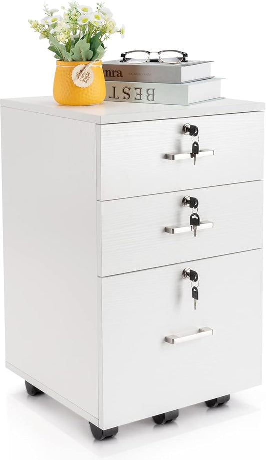 Karl home Wooden File Cabinet, 3 Drawer Vertical File Cabinets with 3 Lock,Printer Stand Mobile Storage Cabinet,Filing Storage Drawer for Home,Office,White(15.75" L x 15.75" W x 26.1" H)