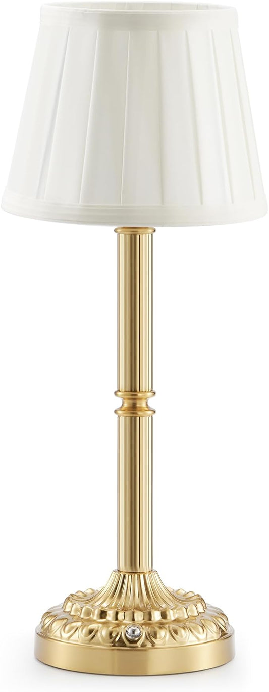 Vintage Brass Cordless Rechargeable Table Lamp with Fabric Shade – Small Battery Operated Lamp, 3-Level Dimmer, Portable Wireless Lighting for Restaurant Dining Bedside Kitchen Living Room Patio