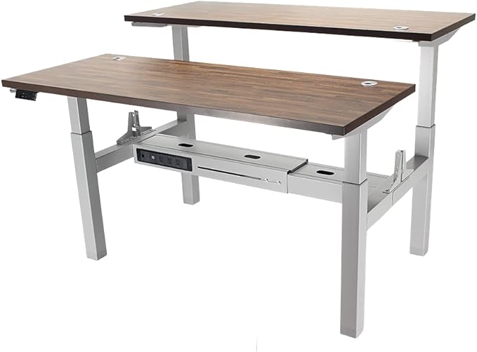 Lift It, 60"x24" Electric Double-Sided, Sit Stand Height Adjustable Ergonomic Office Desk for Office or Home, 4 Memory Digital Control with USB Charging, Walnut Top, Silver Frame