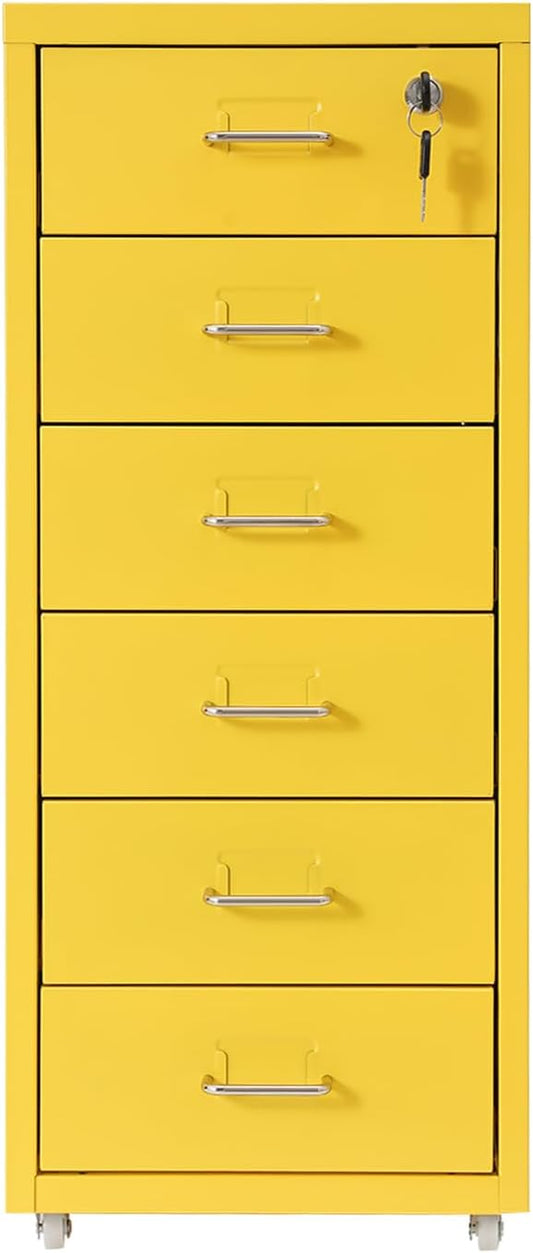 TFCFL Mobile File Cabinet 6 Drawer Vertical File Cabinet with Wheels Metal File Cabinet with Lock for Home Office, 11" D x 16" W x 27" H (Yellow)