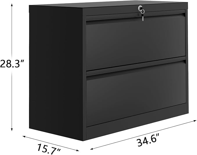 2-Drawer Lateral File Cabinet with Lock, Heavy Duty Metal Filing Cabinet for Letter/Legal/A4 Documents, Space-Saving Office Storage Organizer for Home Office, Easy Assembly, Black