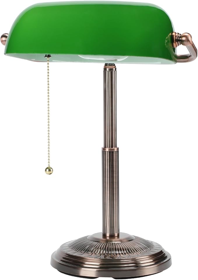 LINNMON Bankers Desk Lamp, Green Retro Lamp, Vintage Lamp with Pull Chain Switch for Home Office (Copper+Green)