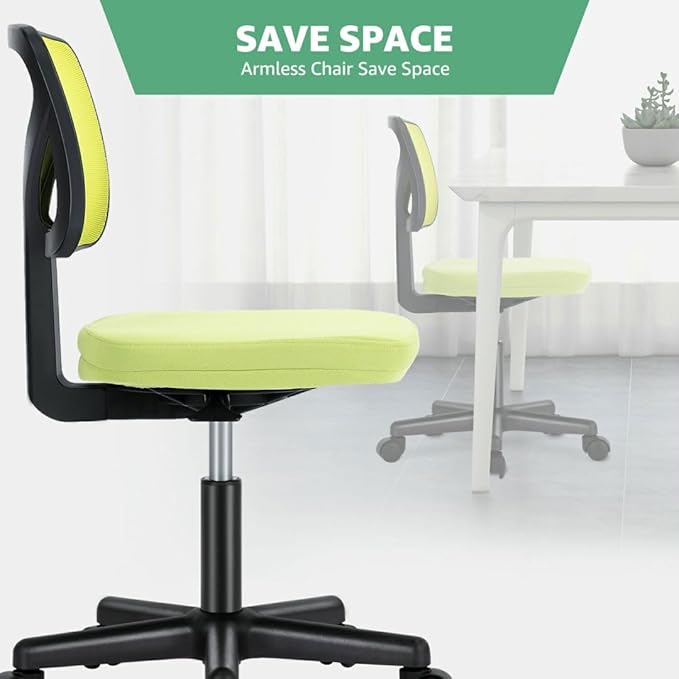 Armless Mesh Office Chair, Ergonomic Low Back Deskchair, Adjustable Rolling Task Computer Swivelchairs for Small Spaces Home Bedroom Study, Yellow