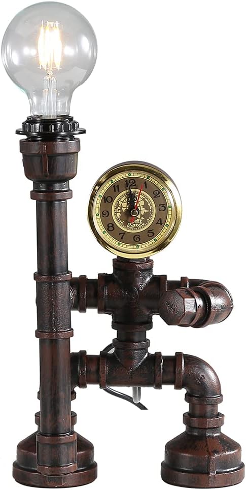 Water Pipe Table Lamp Robot Style- Retro Industrial Table Light- Antique Steampunk Metal Desk Lamp Bedside Lighting Fixture for Office, Reading Kids Room, Cafe Bar (Rust-Style E)