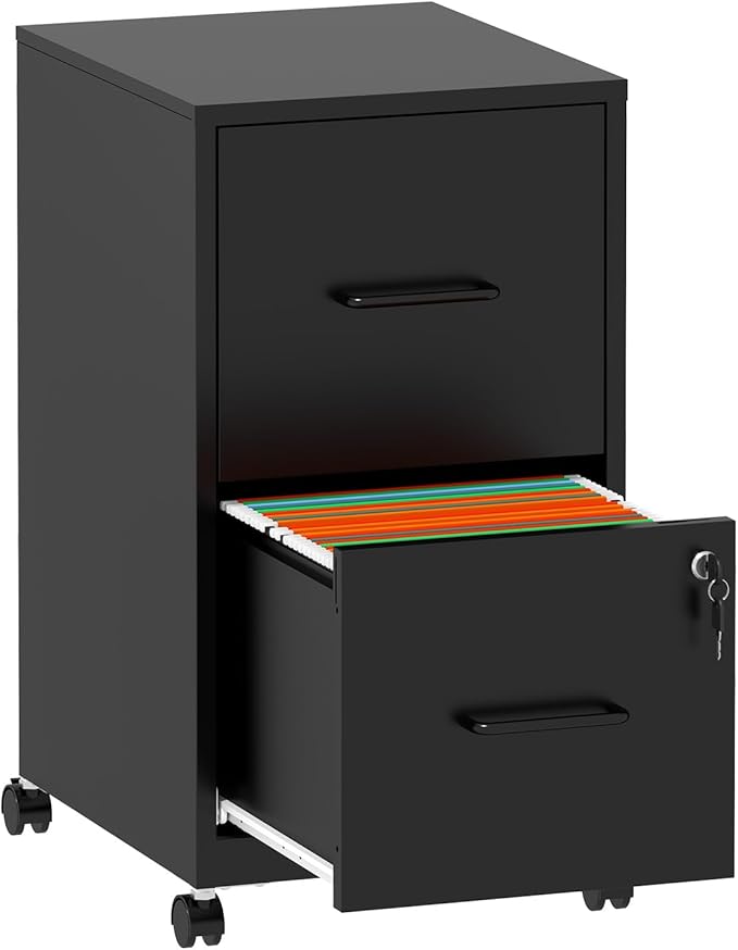Mobile File Cabinet with Lock, 2 Drawer File Cabinets with Adujustable Feet and Wheels, Metal Office Storage Cabinet Under Desk,Vertical Filing Cabinets for Home Office, Required Assembly