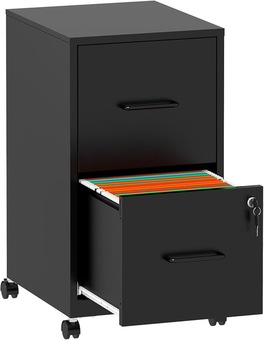 Mobile File Cabinet with Lock, 2 Drawer File Cabinets with Adujustable Feet and Wheels, Metal Office Storage Cabinet Under Desk,Vertical Filing Cabinets for Home Office, Required Assembly