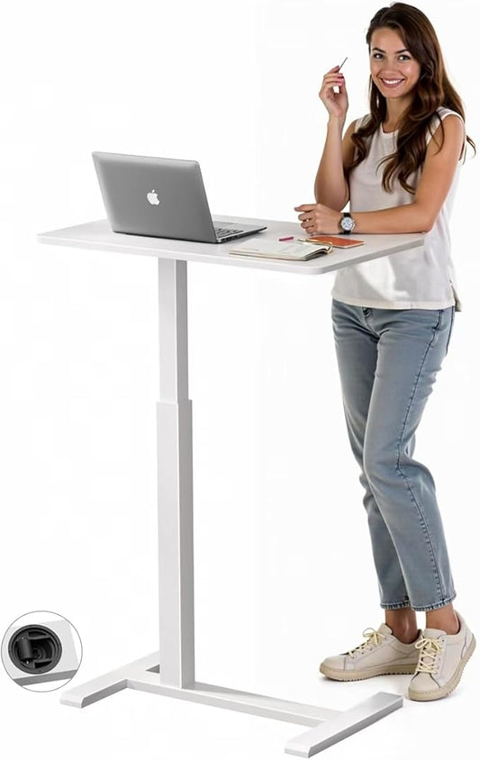 Rolling Standing Desk with Hidden Wheels,Overbed Bedside Table Adjustable Height,Pneumatic Laptop Desk Rolling Computer Cart for Home,Office,White