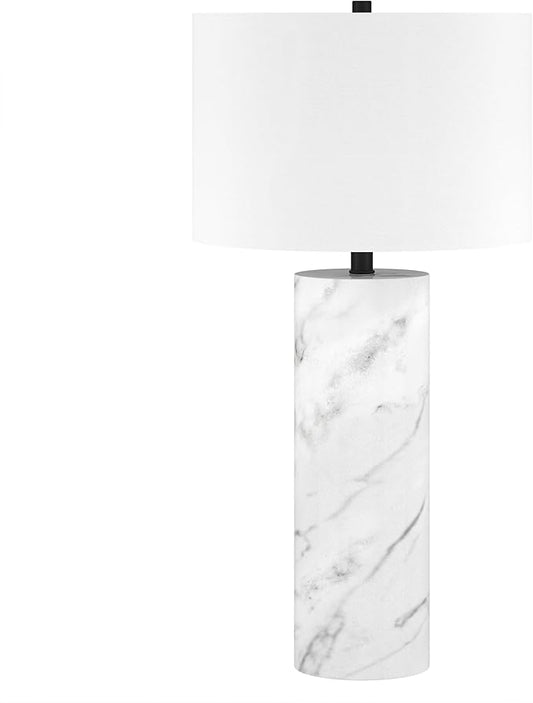 Henn&Hart 29.5'' Glam 1-Light Table Lamp with White Fabric Drum Shade for Living Room, Bedroom, or Office, Marble/Black