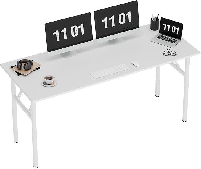 sogesfurniture Computer Desk 62 inches Office Desk Computer Table Study Writing Desk Workstation for Home Office Metal Frame Folding Table, White