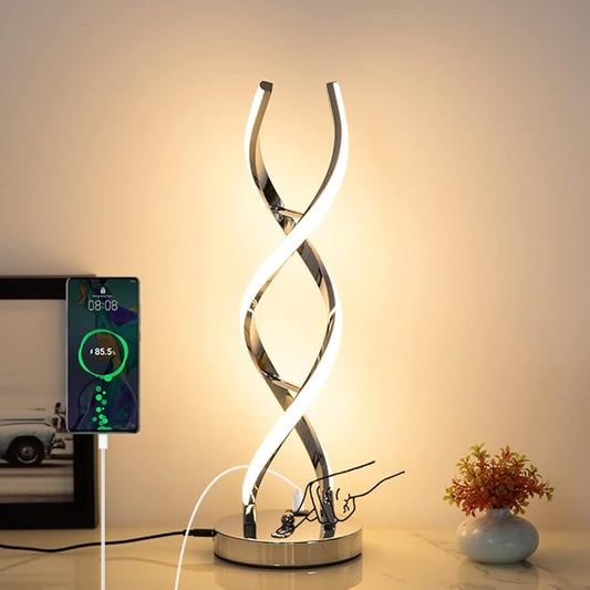 LED Modern Table Lamp, Stepless Dimmable Spiral Table Lamps for Bedroom, 3 Colors Touch Control Bedside Nightstand Lamp with 1 USB Charging Ports, Desk Lamps for Living Room Office (Silver)