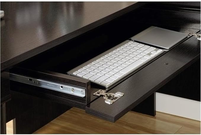 Pemberly Row Contemporary Engineered Wood L-Shaped Computer Desk with 3 Drawers, Flip-Down Panel, Grommet Holes, for Office Space, in Wind Oak Finish