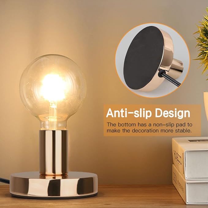Helunsi Industrial Table Lamp, Gold E26 E27 Base Without Shade, Mini Short Desk Lamp Exposed Bulb, Simple Metal Edison Light Bulb Stand, 5.8ft Cord Switch Plug Holder