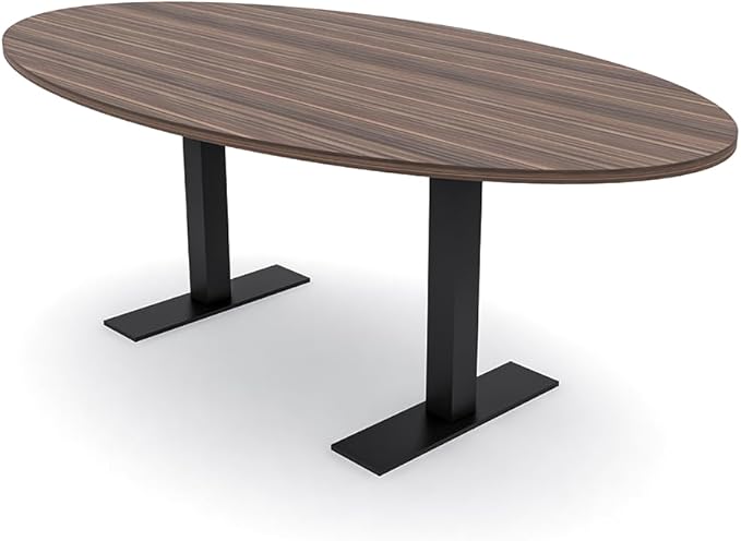 SKUTCHI DESIGNS INC. 6 Person Oval Conference Table with Metal T Bases | Harmony Series | 4'X7' | Natural Eucalyptus with Matte Black Base