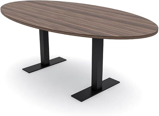 SKUTCHI DESIGNS INC. 6 Person Oval Conference Table with Metal T Bases | Harmony Series | 4'X7' | Natural Eucalyptus with Matte Black Base