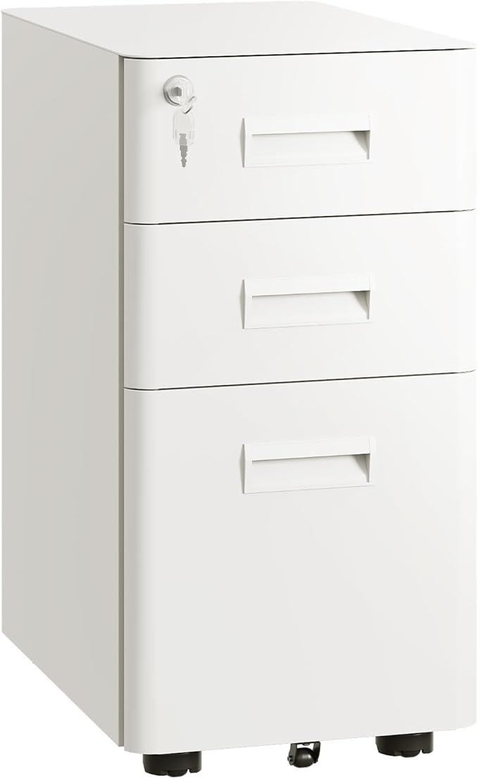 DEVAISE 3-Drawer File Cabinet, White Locking File Cabinet on Wheels, Fully Assembled Mobile Filing Cabinet for Office, 17.7" D x 11.8" W x 22.8" H