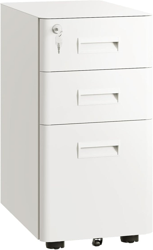 DEVAISE 3-Drawer File Cabinet, White Locking File Cabinet on Wheels, Fully Assembled Mobile Filing Cabinet for Office, 17.7" D x 11.8" W x 22.8" H