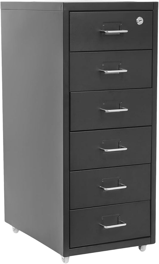 6 Drawers Rolling File Cabinet, Black Metal Filing Cabinets with Lock, 27 inch H Vertical Filing Cabinet Under Desk for Home Office, Heavy Duty Metal Storage Cabinet for A4/Letter/Legal Size File
