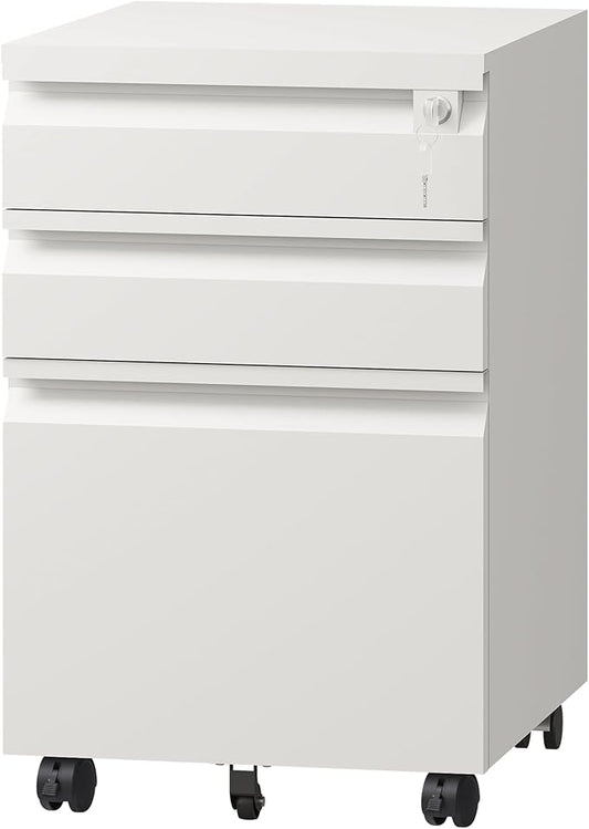 DEVAISE 3-Drawer File Cabinet with Lock & Wheels, White Metal Filing Cabinet for Home Office, Under Desk Storage, Mobile Vertical Organizer Fits Letter/A4 (17" D x15 W x24 H)