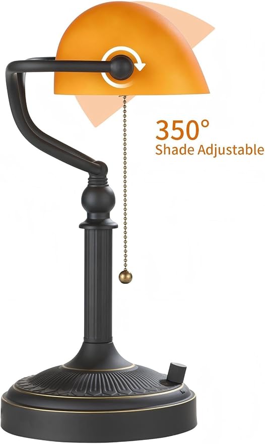 Newrays Matted Amber Glass Bankers Desk Lamp, Stepless Dimmable Table Lamp Plug in Fixture for Study, Home Office,Library, LED Bulb Included