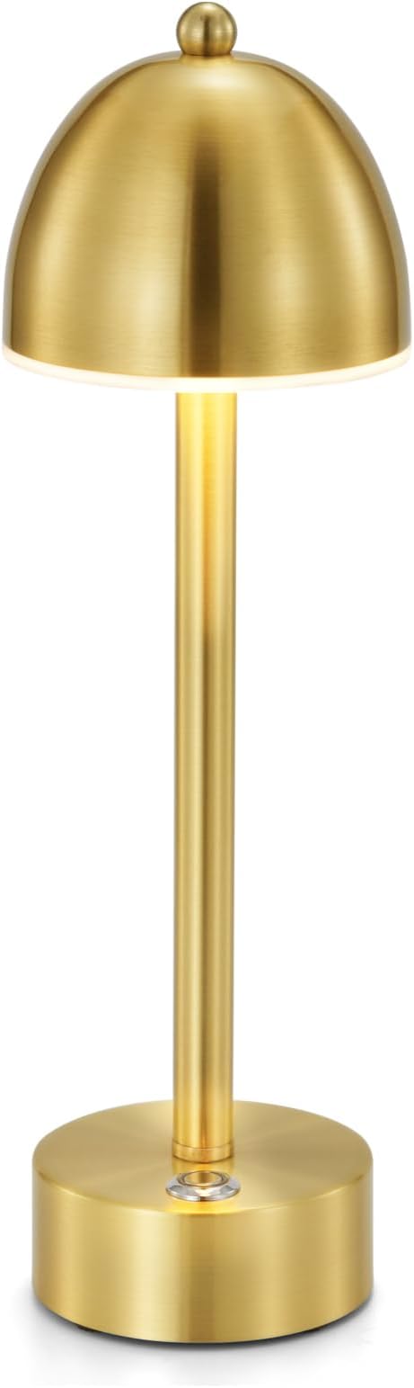 UMEXUS Small Cordless Lamp Mushroom, 5200mAh Rechargeable Battery Operated Lights for Restaurant Bar Table, Dimmable Touch Nightstand Lamp, Portable Table Lighting for Outdoor Patio, Modern Gold Brass