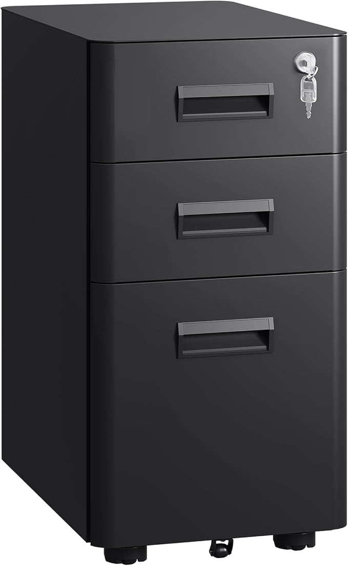 DEVAISE 3-Drawer File Cabinet, Black Locking Filing Cabinet on Wheels, Fully Assembled Mobile File Cabinet for Office Home, 17.7" D x 11.8" W x 22.8" H