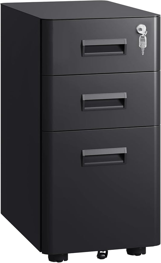 DEVAISE 3-Drawer File Cabinet, Black Locking Filing Cabinet on Wheels, Fully Assembled Mobile File Cabinet for Office Home, 17.7" D x 11.8" W x 22.8" H