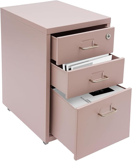 3 Drawer File Cabinet, Mobile Vertical Filing Cabinets with Lock and Wheels Organizer Cabinet for Home Office Files Storage (Pink)